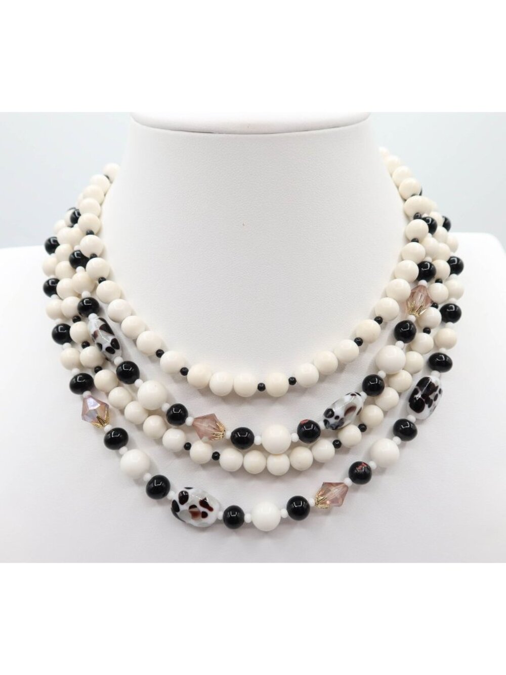 Vintage White Black Faceted Beaded Multi-Strand Gold Tone Necklace Marked Japan